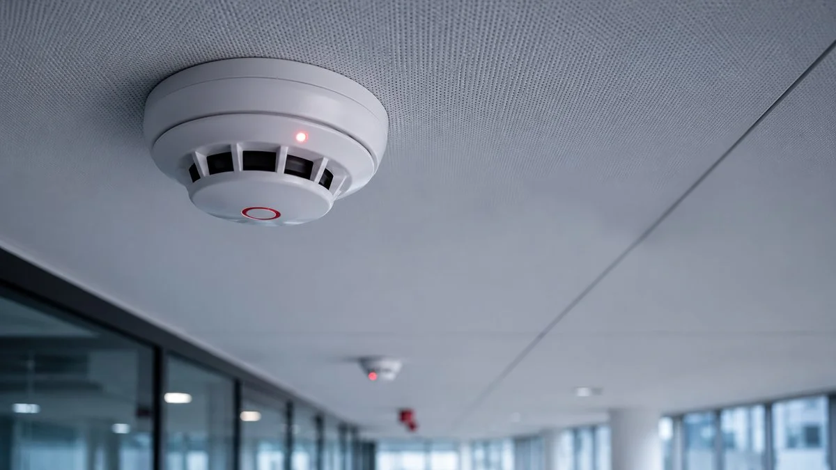 Smoke and heat detector installed on a commercial building ceiling