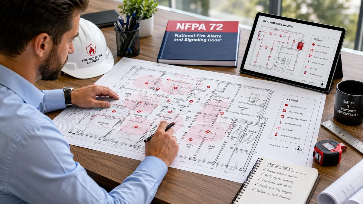 Fire protection engineer reviewing detector coverage plan per NFPA 72