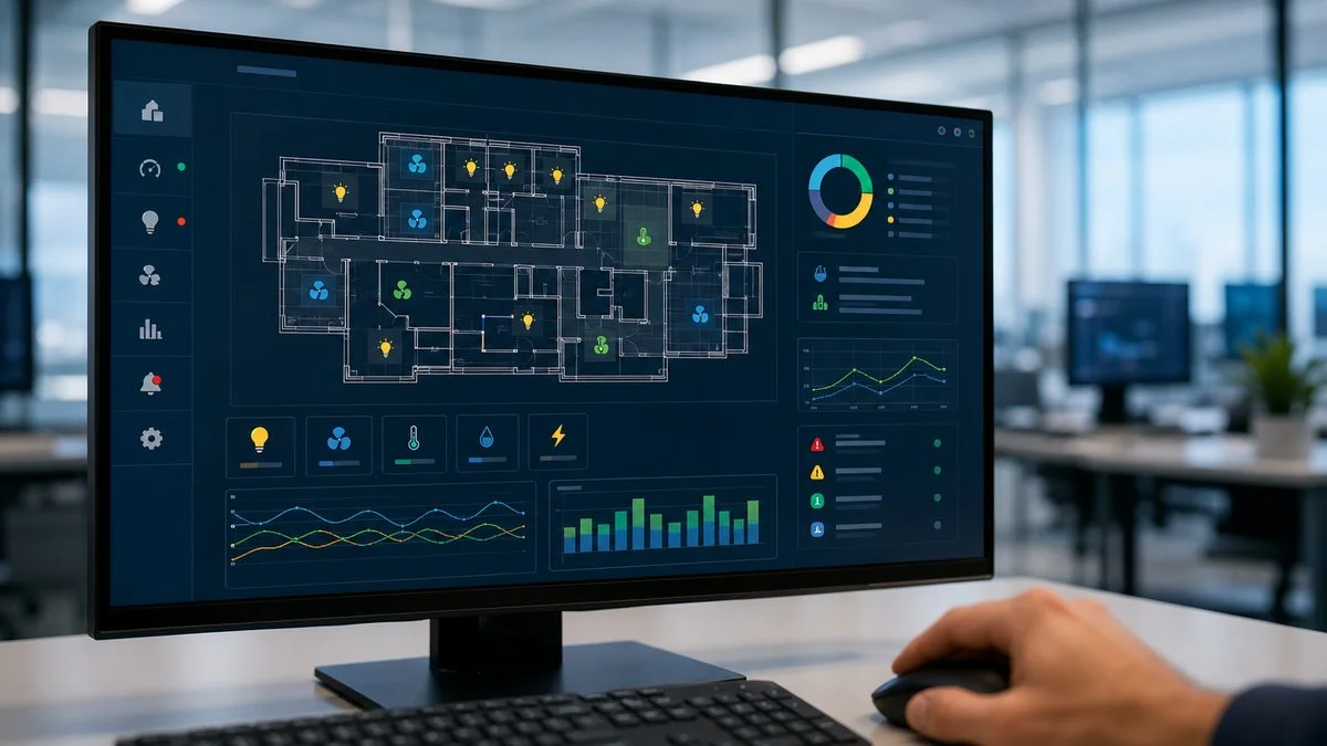 BMS dashboard showing building floor plan, lighting zones and energy graphs