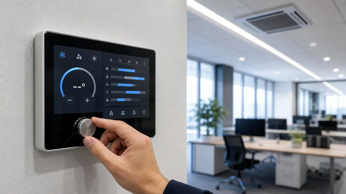 Wall-mounted HVAC and temperature control touch panel in a modern office