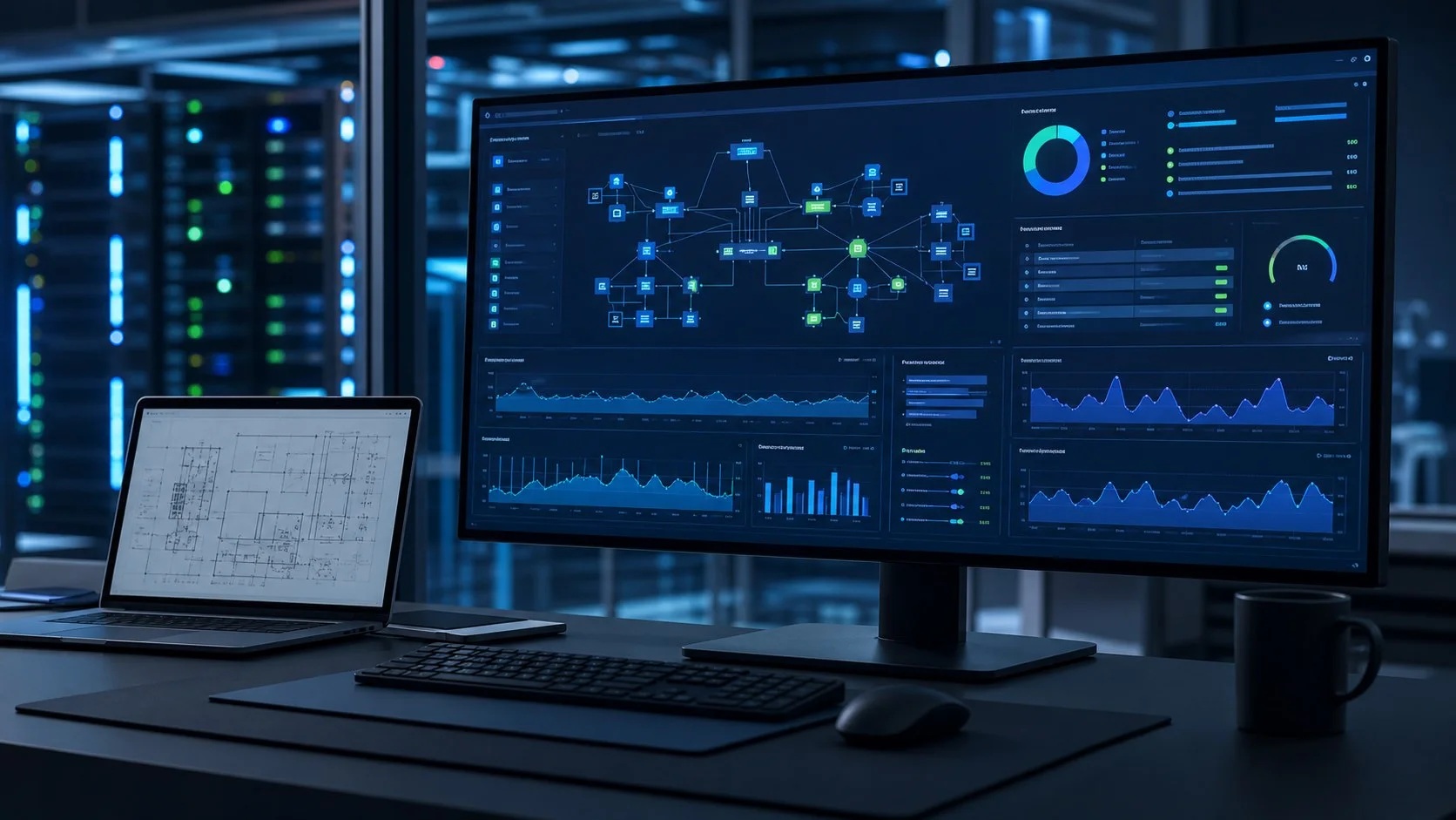 Premium network monitoring dashboard and technical documentation for office infrastructure