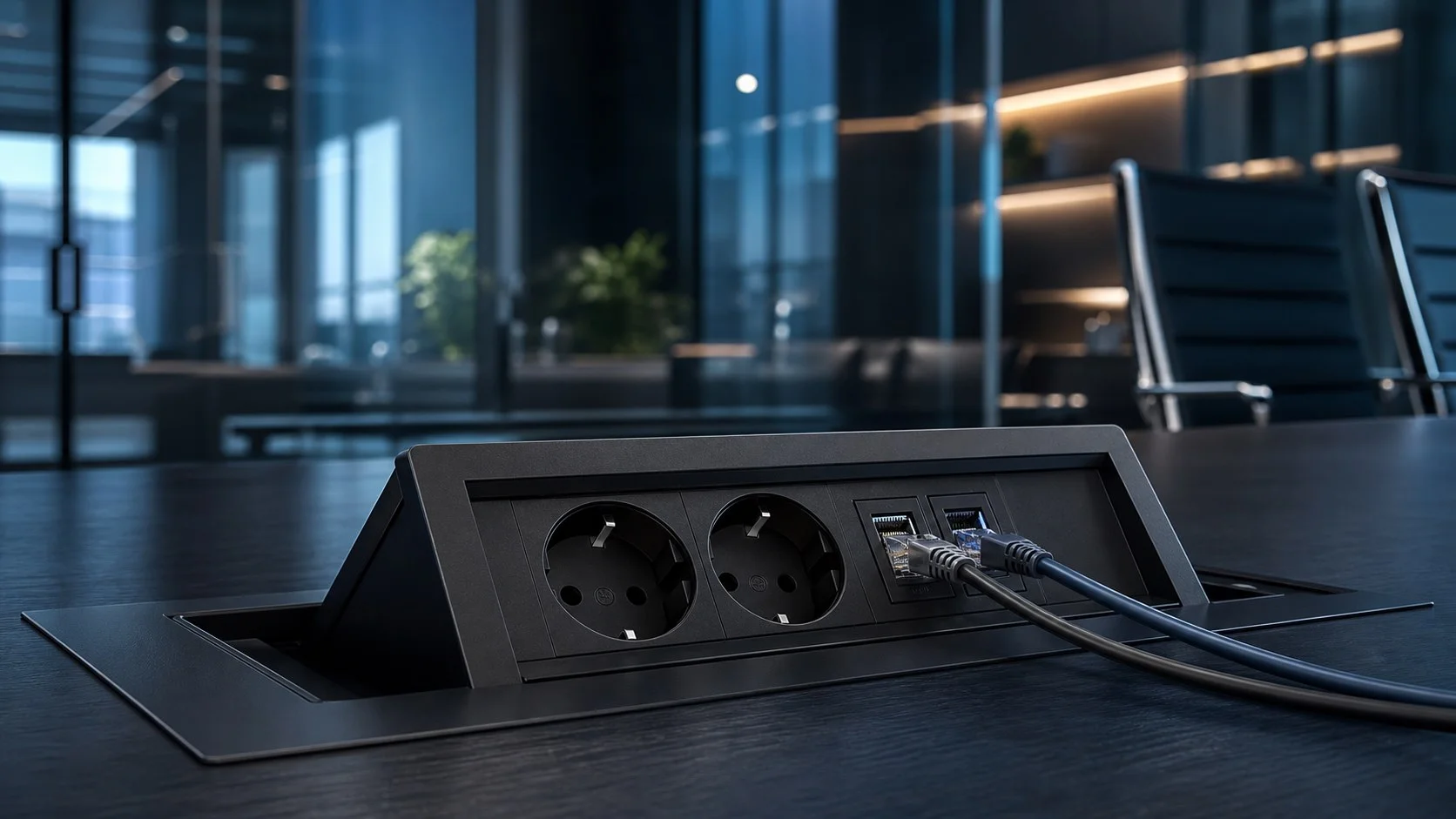 Premium network and power outlet module installed in a modern corporate office