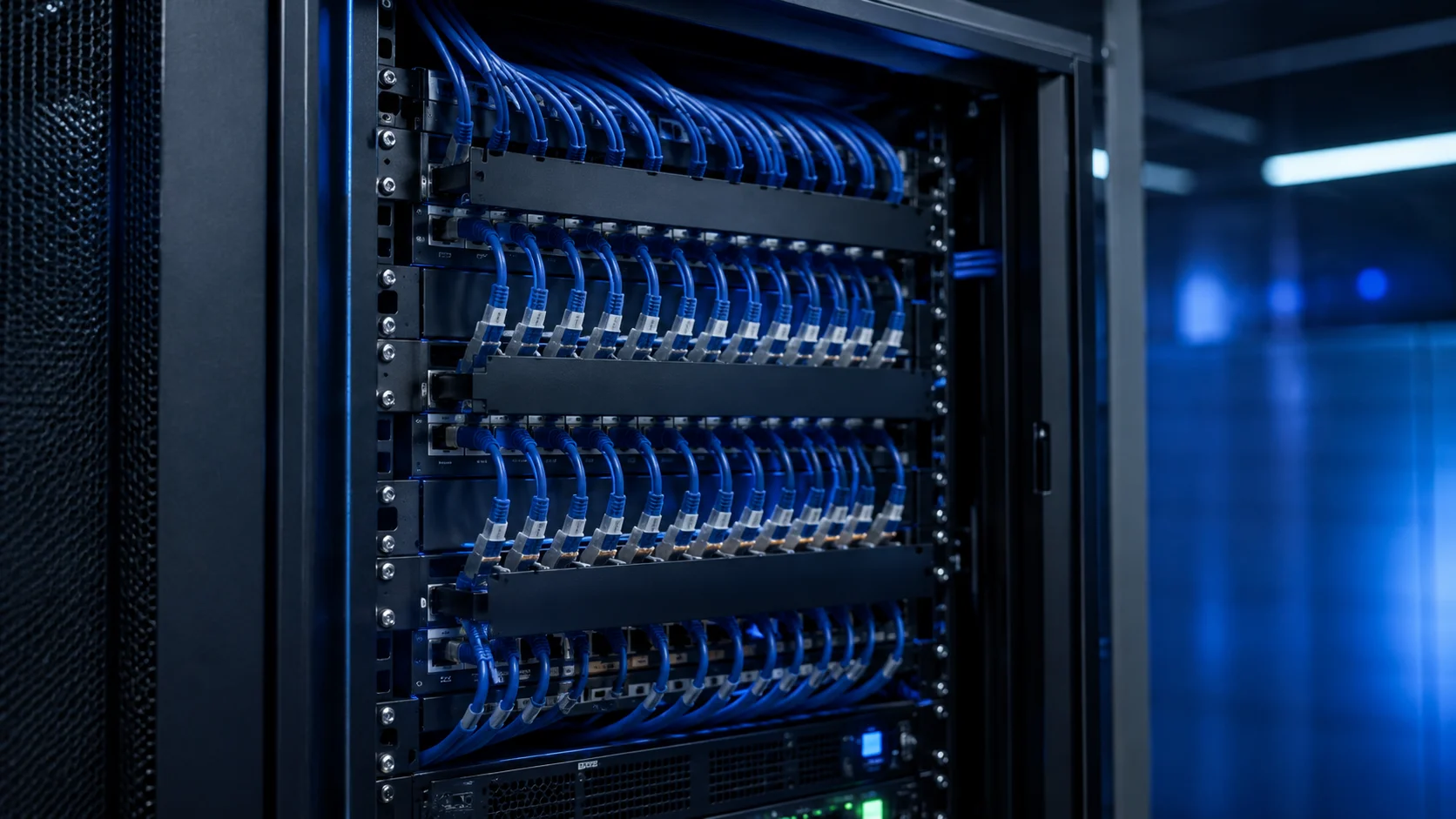 Organized cable management with labeled cables in an office network server rack