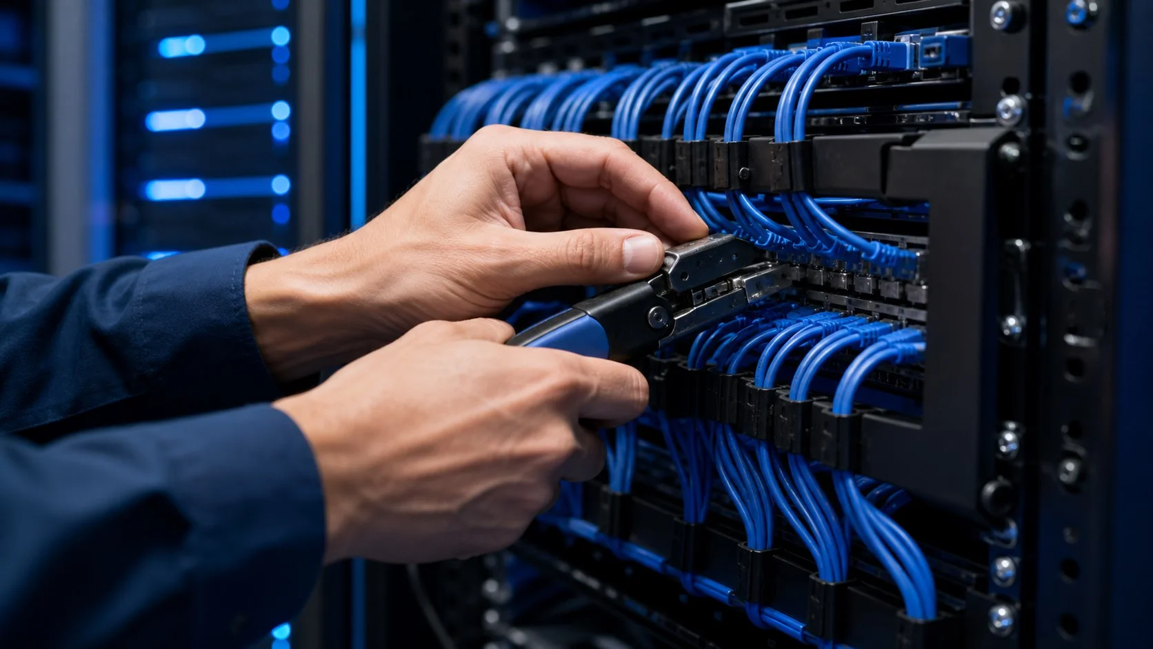 Technician terminating structured Cat6 cabling into an office infrastructure patch panel