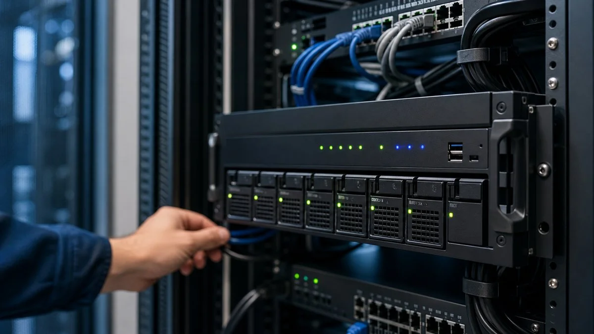 Technician connecting a cable to an NVR video recording unit in a server rack