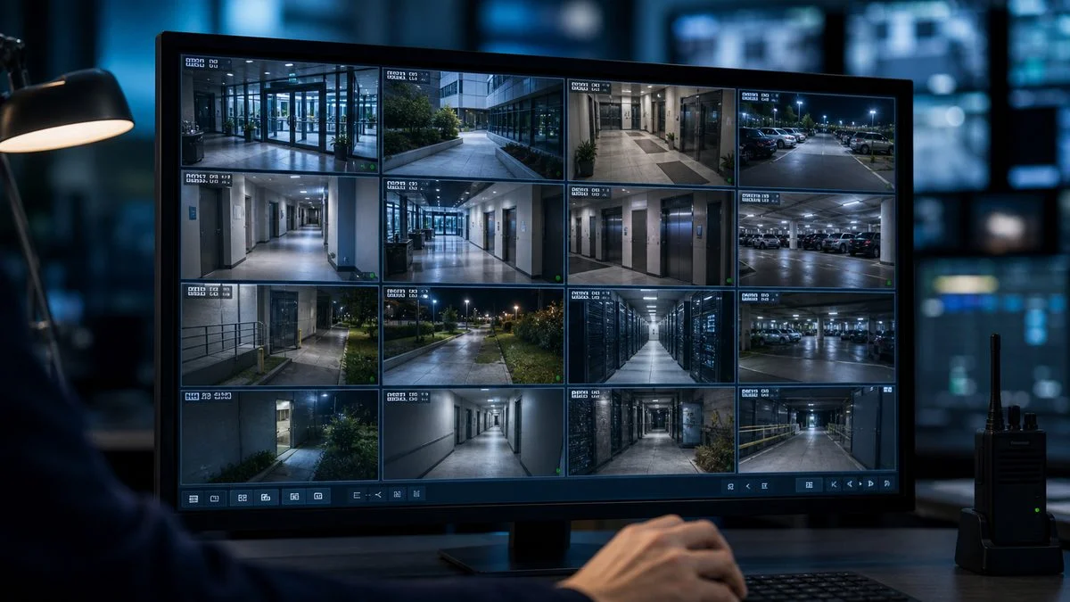 Security control room monitor showing a multi-camera CCTV grid of entrances and parking areas