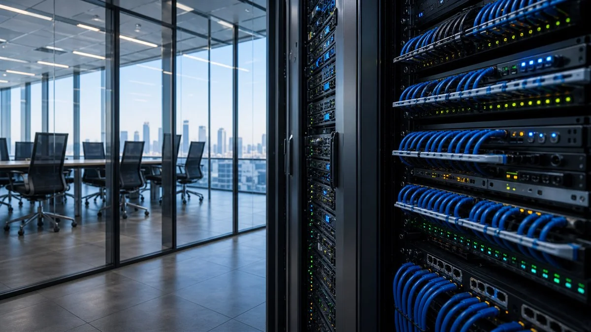 Server rack με δομημένη καλωδίωση δίπλα σε σύγχρονο γραφειακό χώρο