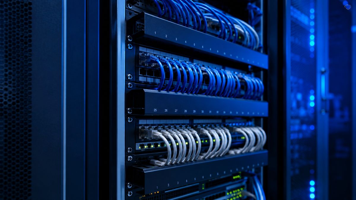 Δομημένη καλωδίωση δικτύου σε server rack με οργανωμένα καλώδια Cat6