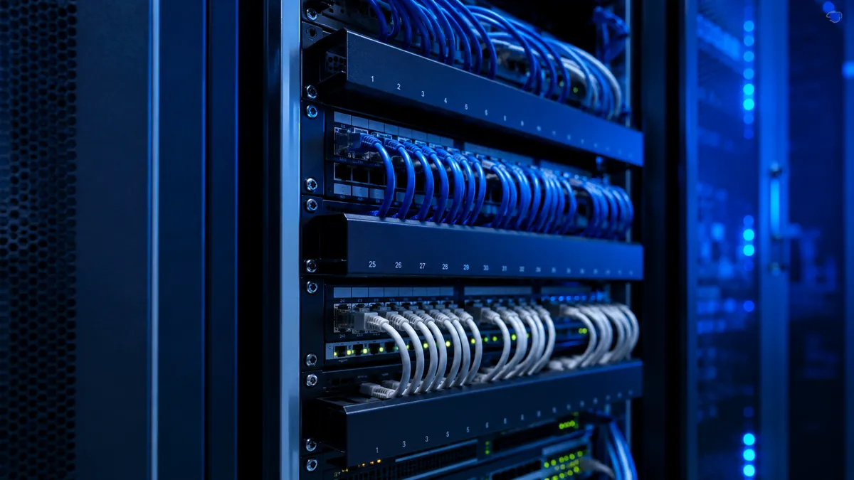 Δομημένη καλωδίωση δικτύου σε server rack με οργανωμένα καλώδια Cat6